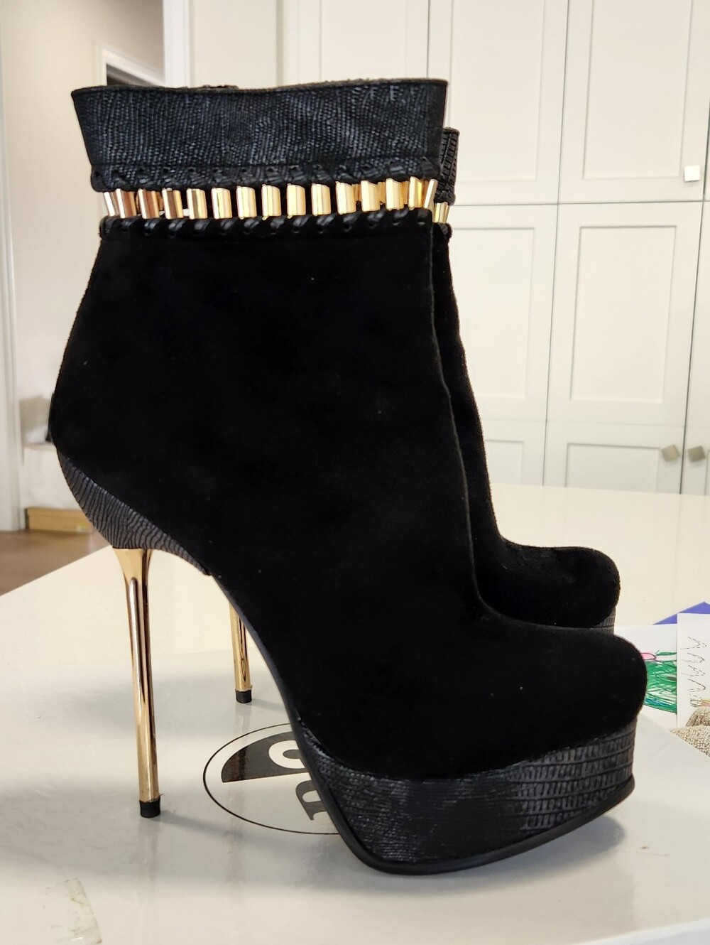 B2 Collection Black Suede Platform Ankle Boots | Gold Stiletto Heel | Size 8.5 |